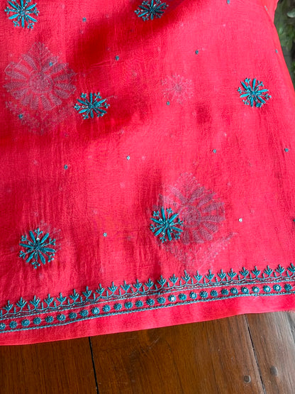 Watermelon Red Shade Noor Organza Silk Chikankari Unstitched Kurta Dupatta Set