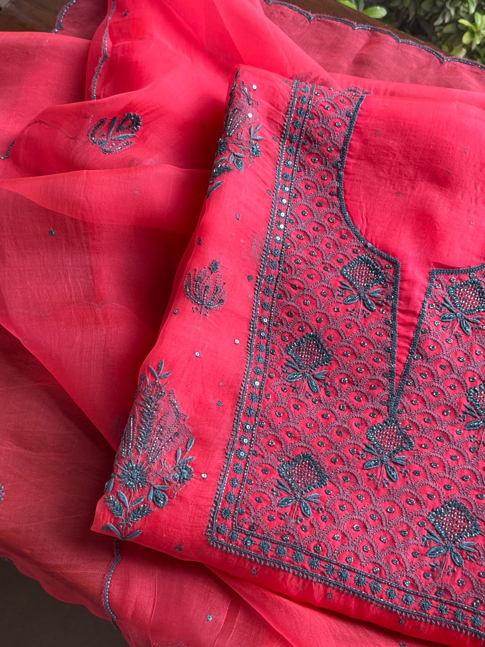 Watermelon Red Shade Noor Organza Silk Chikankari Unstitched Kurta Dupatta Set