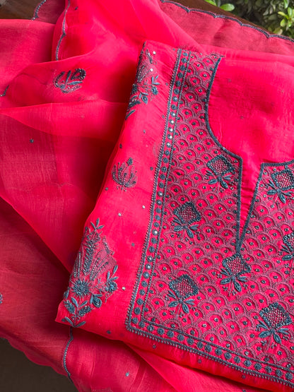 Watermelon Red Shade Noor Organza Silk Chikankari Unstitched Kurta Dupatta Set