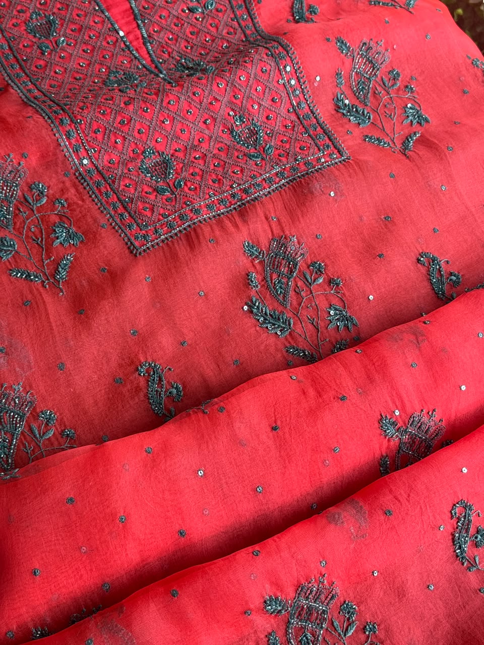 Watermelon Red Shade Noor Organza Silk Chikankari Unstitched Kurta Dupatta Set