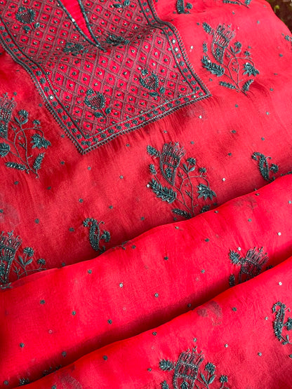 Watermelon Red Shade Noor Organza Silk Chikankari Unstitched Kurta Dupatta Set