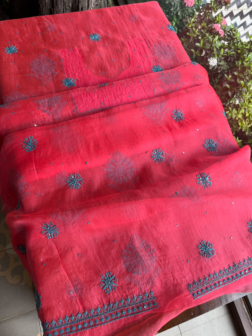 Watermelon Red Shade Noor Organza Silk Chikankari Unstitched Kurta Dupatta Set