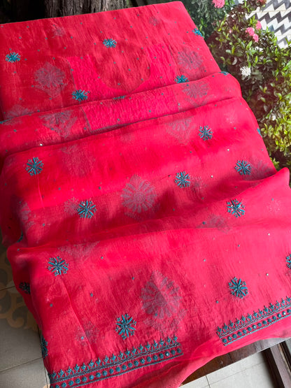 Watermelon Red Shade Noor Organza Silk Chikankari Unstitched Kurta Dupatta Set