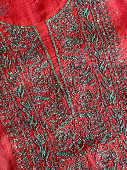 Watermelon Red Shade Noor Organza Silk Chikankari Unstitched Kurta Dupatta Set