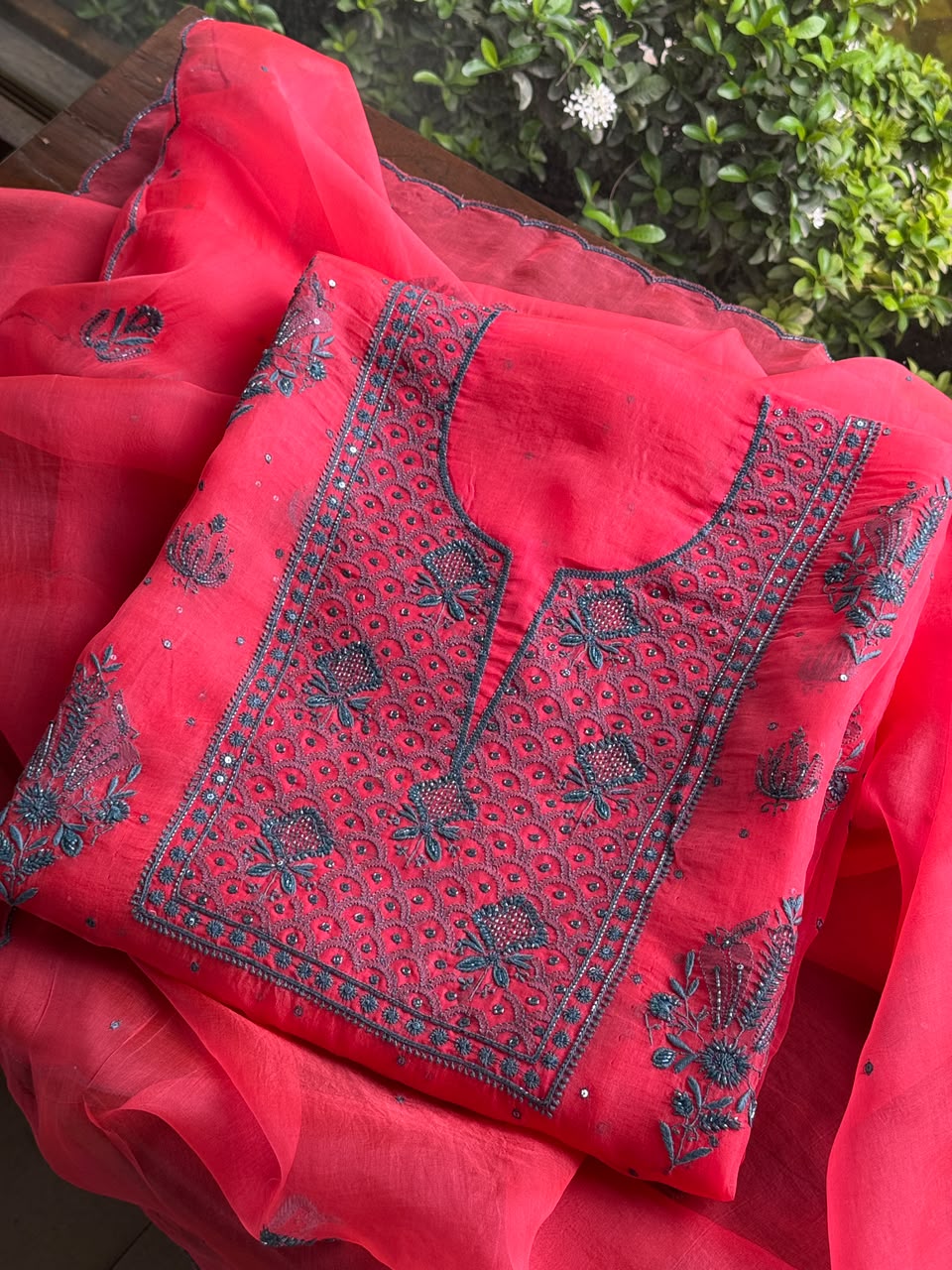 Watermelon Red Shade Noor Organza Silk Chikankari Unstitched Kurta Dupatta Set