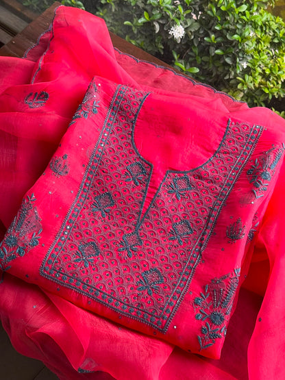 Watermelon Red Shade Noor Organza Silk Chikankari Unstitched Kurta Dupatta Set