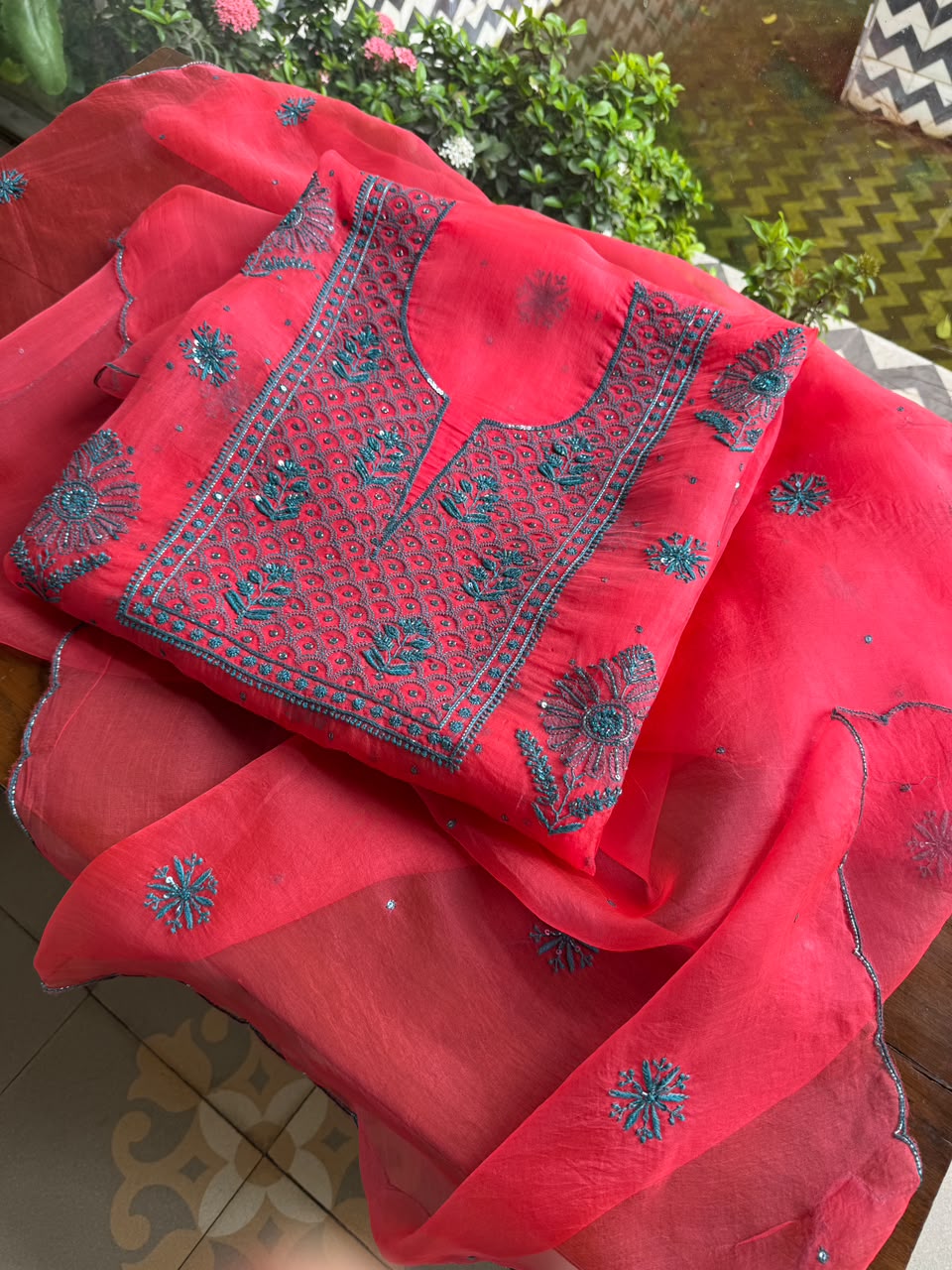 Watermelon Red Shade Noor Organza Silk Chikankari Unstitched Kurta Dupatta Set