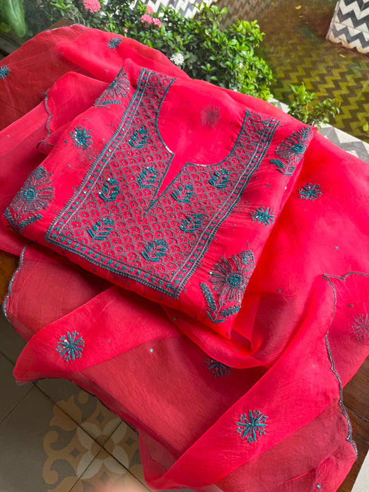 Watermelon Red Shade Noor Organza Silk Chikankari Unstitched Kurta Dupatta Set