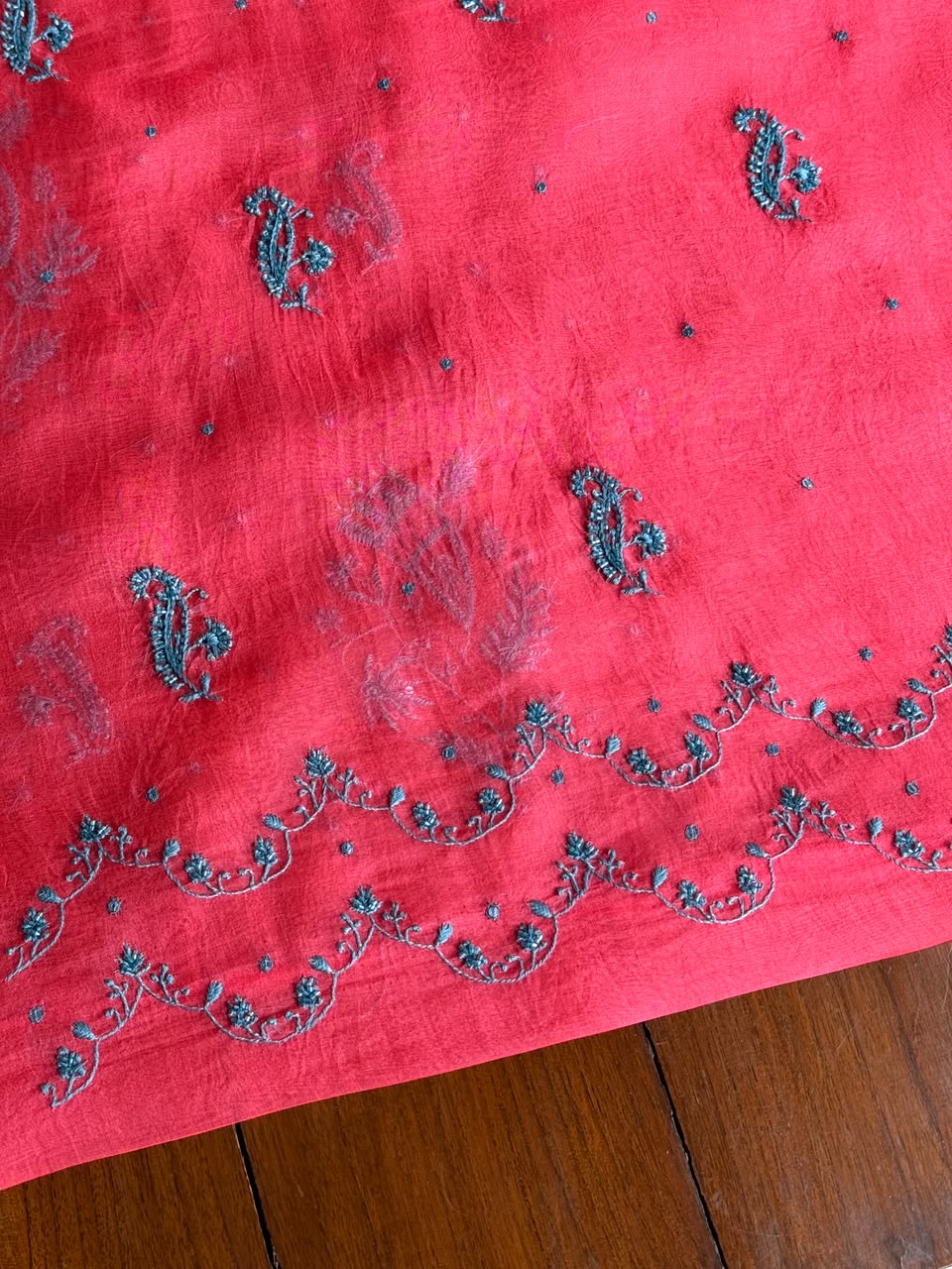 Watermelon Red Shade Noor Organza Silk Chikankari Unstitched Kurta Dupatta Set