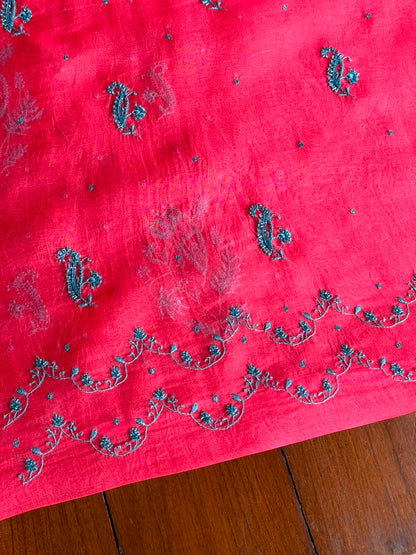 Watermelon Red Shade Noor Organza Silk Chikankari Unstitched Kurta Dupatta Set