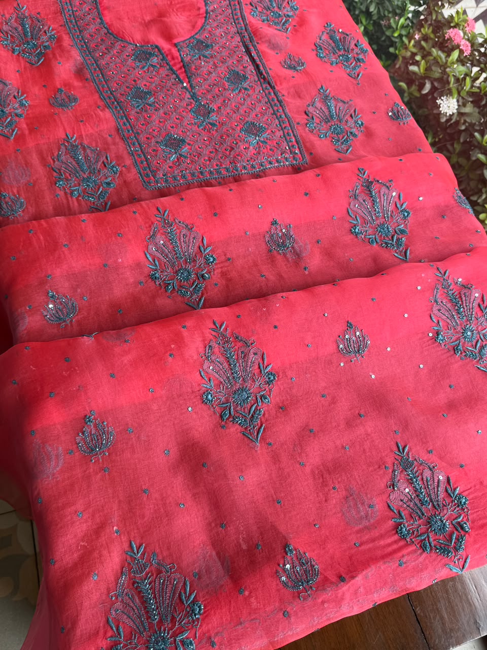 Watermelon Red Shade Noor Organza Silk Chikankari Unstitched Kurta Dupatta Set