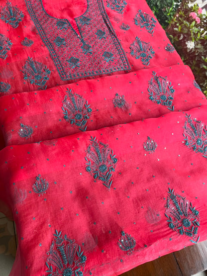 Watermelon Red Shade Noor Organza Silk Chikankari Unstitched Kurta Dupatta Set