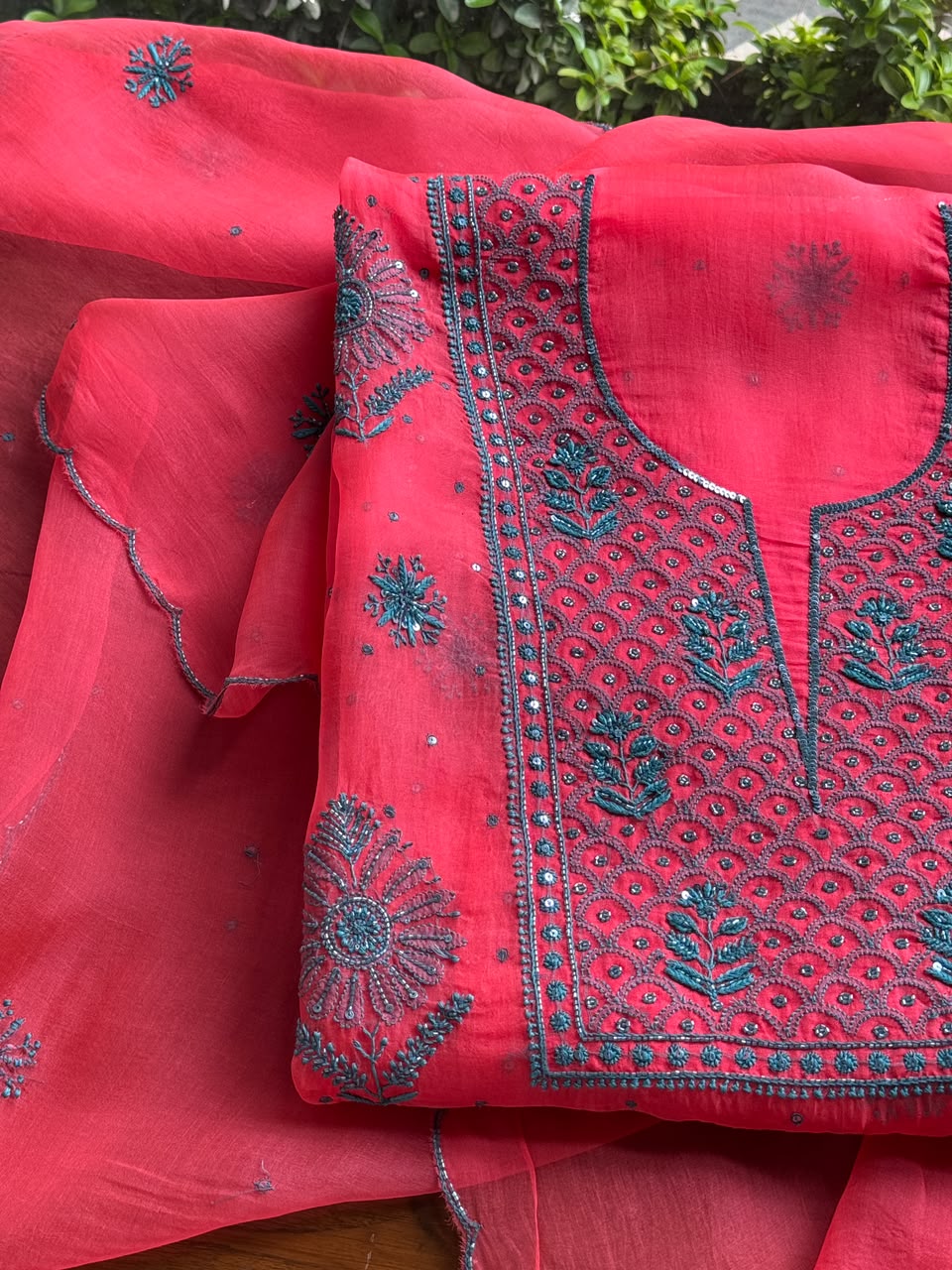 Watermelon Red Shade Noor Organza Silk Chikankari Unstitched Kurta Dupatta Set
