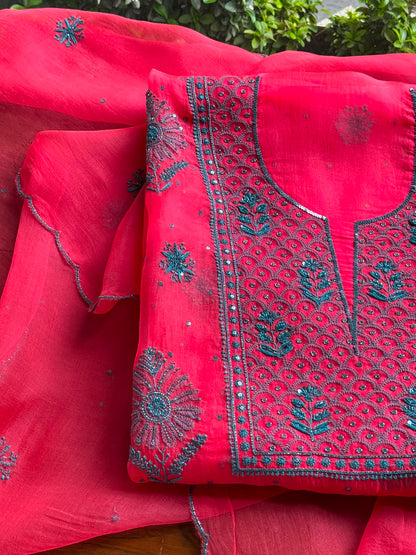 Watermelon Red Shade Noor Organza Silk Chikankari Unstitched Kurta Dupatta Set