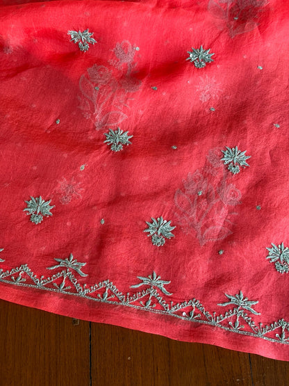 Watermelon Red Shade Noor Organza Silk Chikankari Unstitched Kurta Dupatta Set