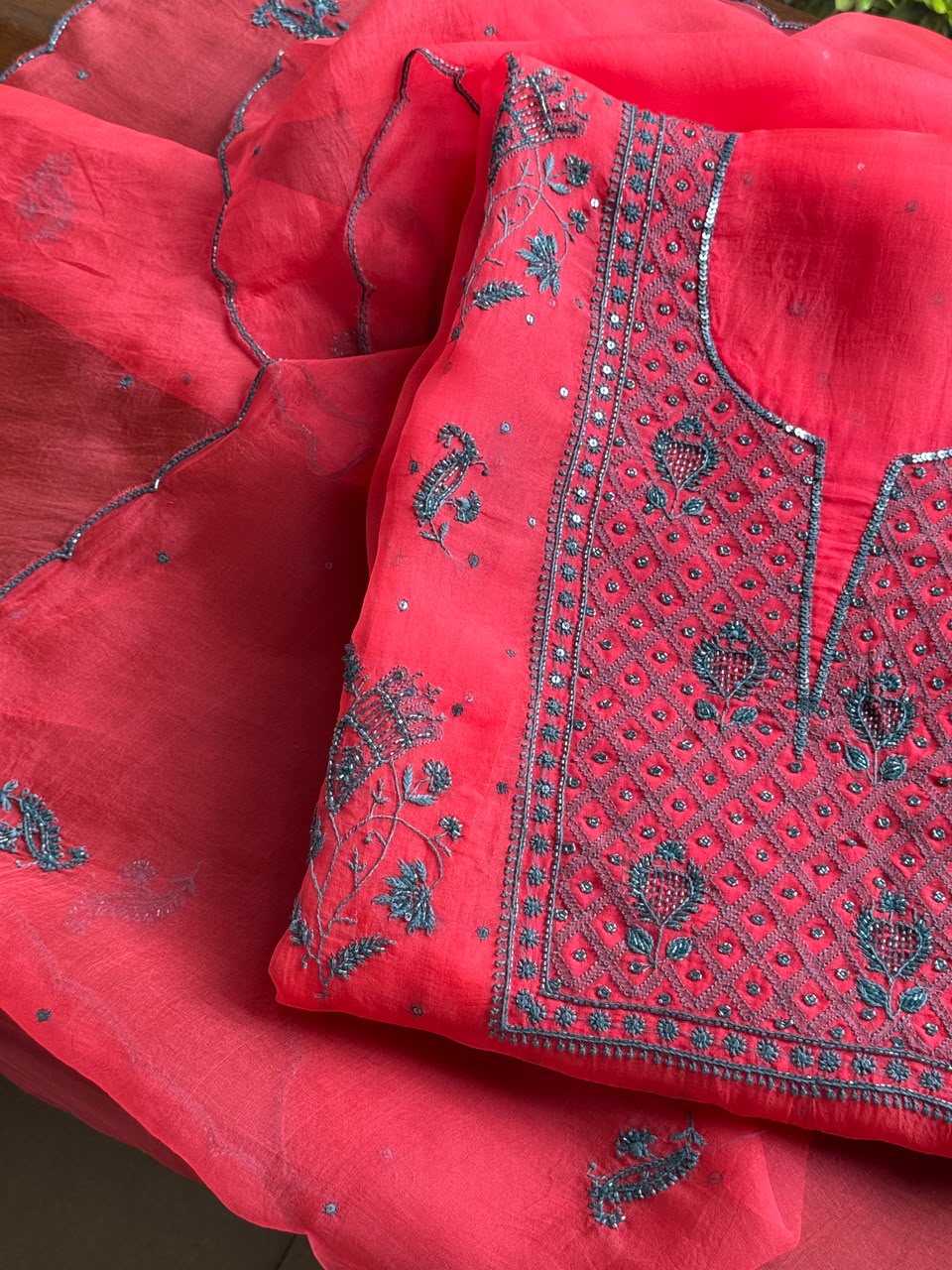 Watermelon Red Shade Noor Organza Silk Chikankari Unstitched Kurta Dupatta Set