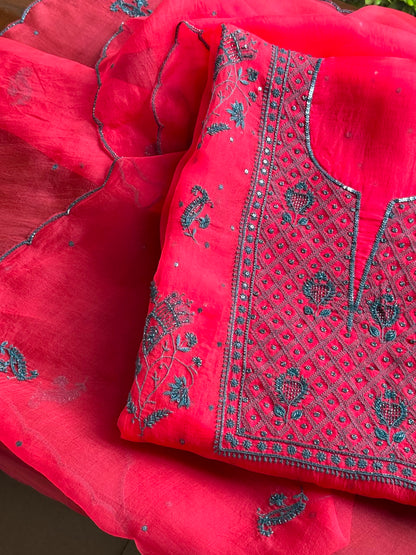 Watermelon Red Shade Noor Organza Silk Chikankari Unstitched Kurta Dupatta Set
