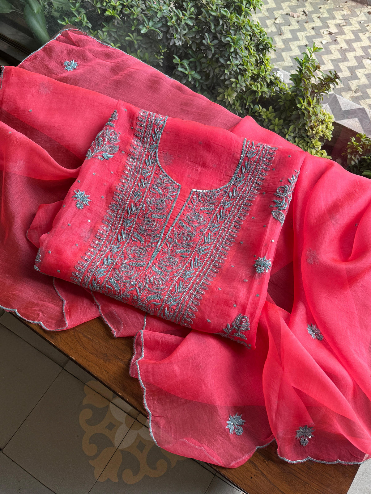 Watermelon Red Shade Noor Organza Silk Chikankari Unstitched Kurta Dupatta Set
