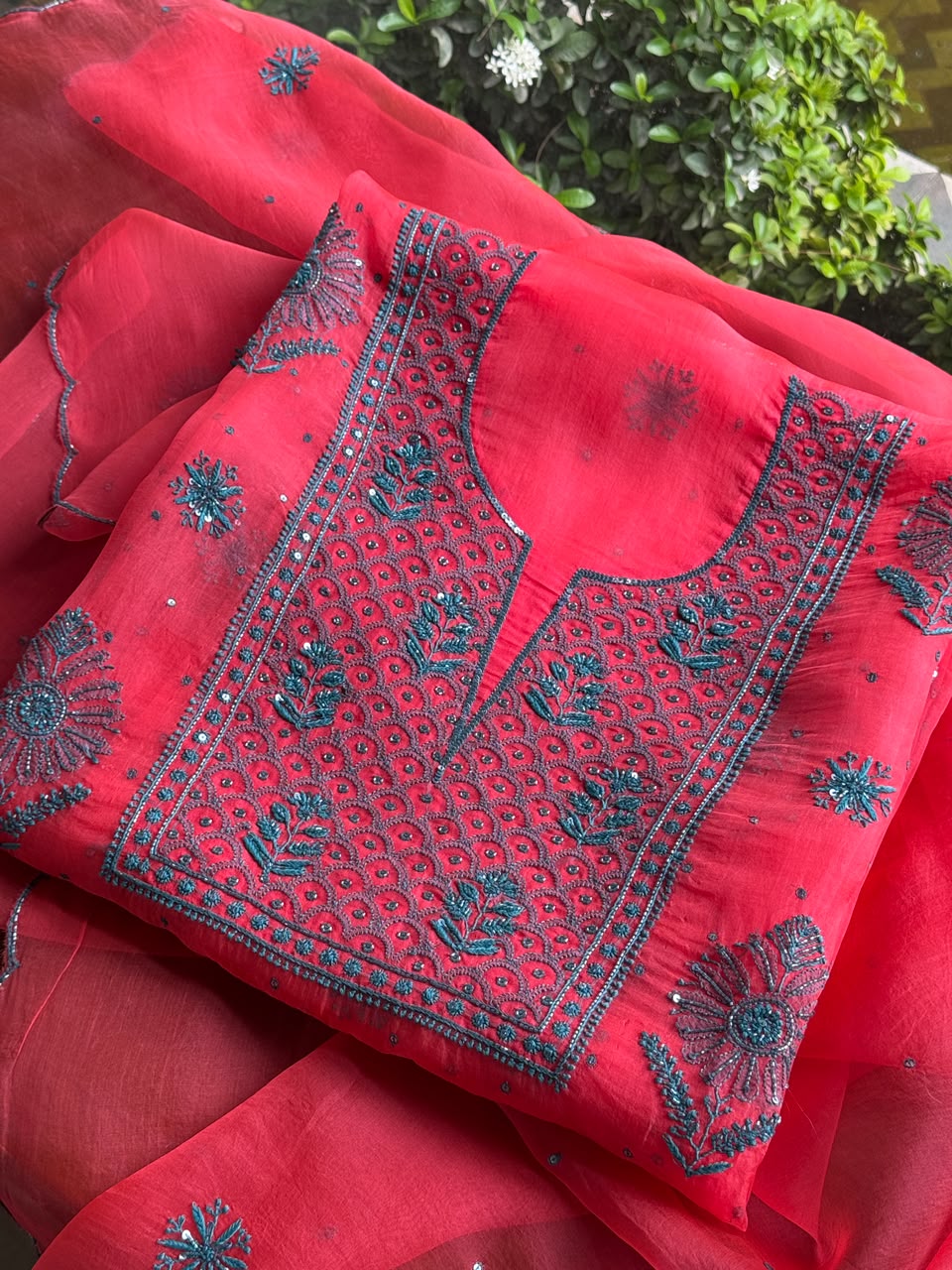 Watermelon Red Shade Noor Organza Silk Chikankari Unstitched Kurta Dupatta Set