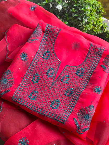 Watermelon Red Shade Noor Organza Silk Chikankari Unstitched Kurta Dupatta Set