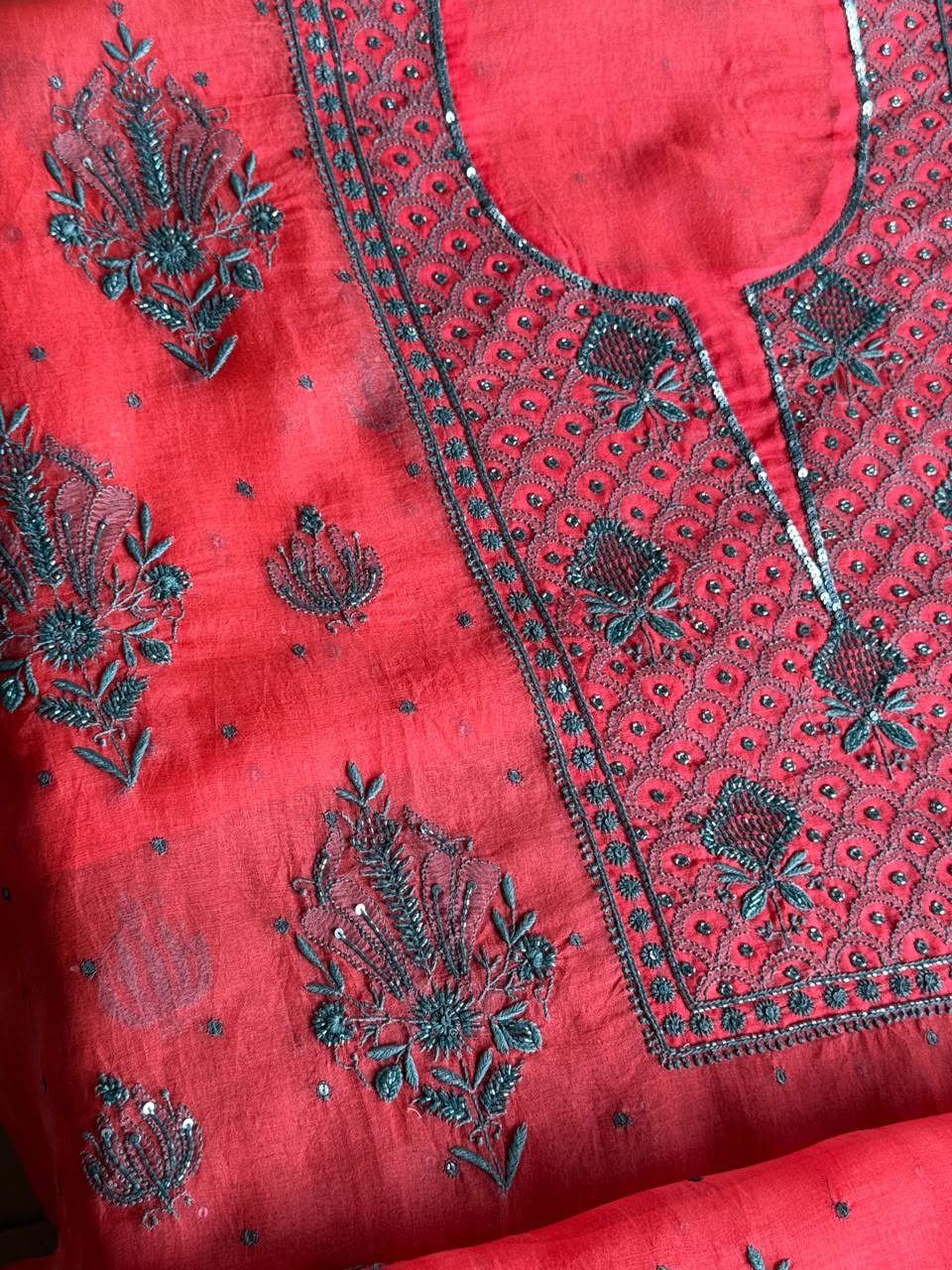 Watermelon Red Shade Noor Organza Silk Chikankari Unstitched Kurta Dupatta Set
