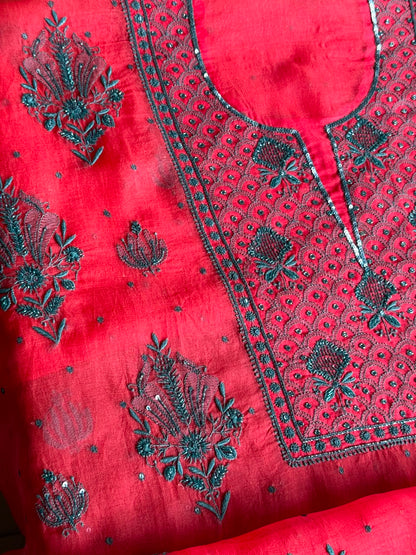 Watermelon Red Shade Noor Organza Silk Chikankari Unstitched Kurta Dupatta Set
