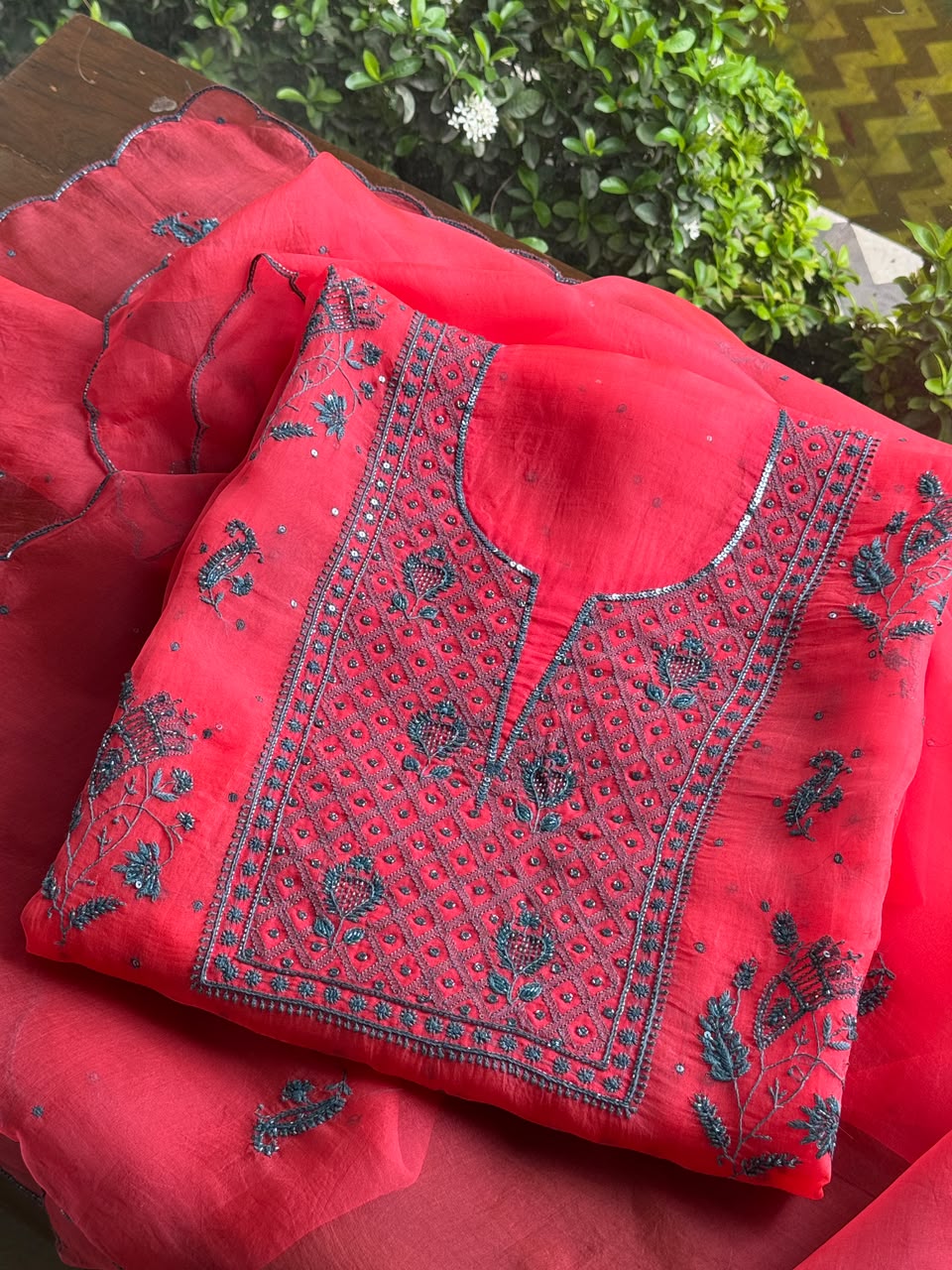 Watermelon Red Shade Noor Organza Silk Chikankari Unstitched Kurta Dupatta Set