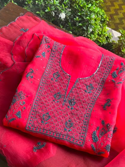 Watermelon Red Shade Noor Organza Silk Chikankari Unstitched Kurta Dupatta Set