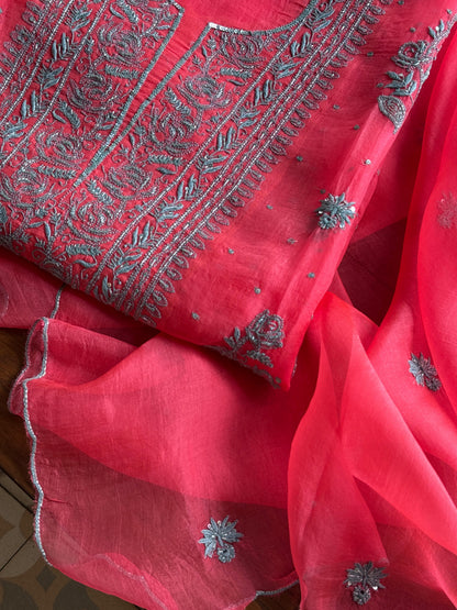 Watermelon Red Shade Noor Organza Silk Chikankari Unstitched Kurta Dupatta Set