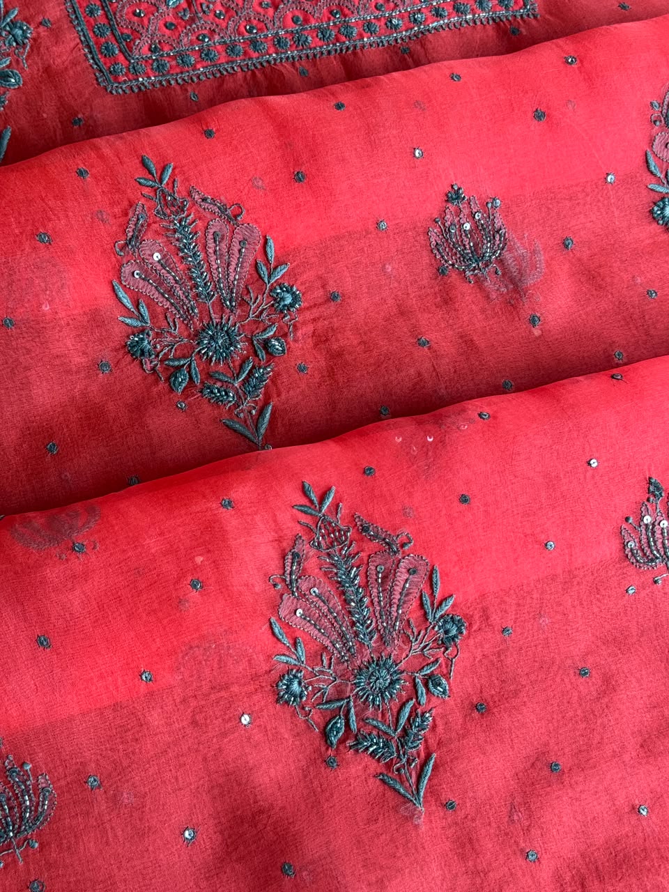 Watermelon Red Shade Noor Organza Silk Chikankari Unstitched Kurta Dupatta Set