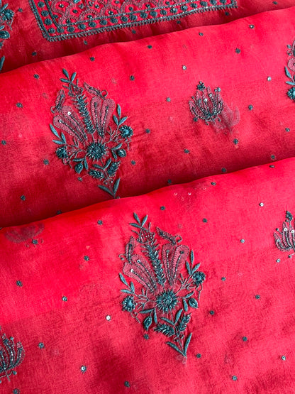 Watermelon Red Shade Noor Organza Silk Chikankari Unstitched Kurta Dupatta Set