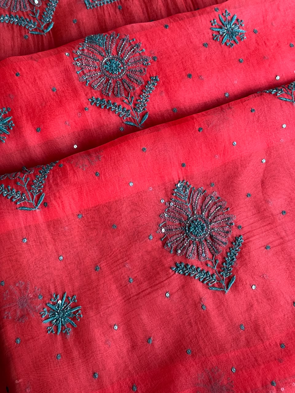 Watermelon Red Shade Noor Organza Silk Chikankari Unstitched Kurta Dupatta Set