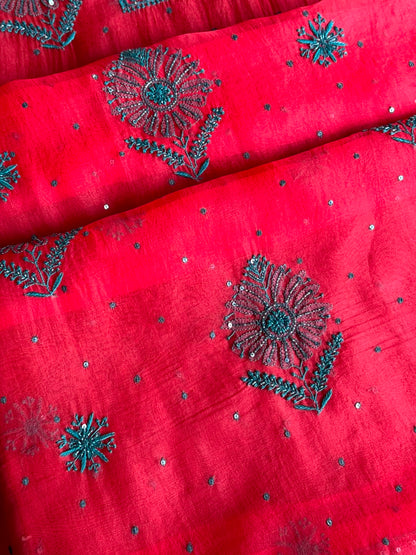 Watermelon Red Shade Noor Organza Silk Chikankari Unstitched Kurta Dupatta Set