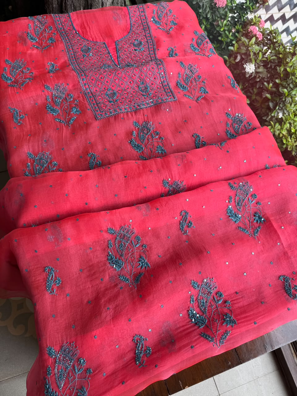 Watermelon Red Shade Noor Organza Silk Chikankari Unstitched Kurta Dupatta Set