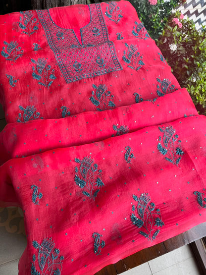 Watermelon Red Shade Noor Organza Silk Chikankari Unstitched Kurta Dupatta Set
