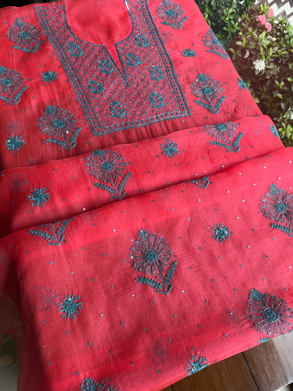 Watermelon Red Shade Noor Organza Silk Chikankari Unstitched Kurta Dupatta Set
