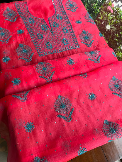 Watermelon Red Shade Noor Organza Silk Chikankari Unstitched Kurta Dupatta Set