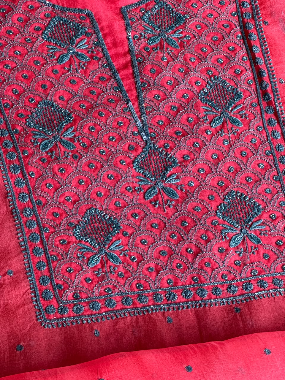 Watermelon Red Shade Noor Organza Silk Chikankari Unstitched Kurta Dupatta Set