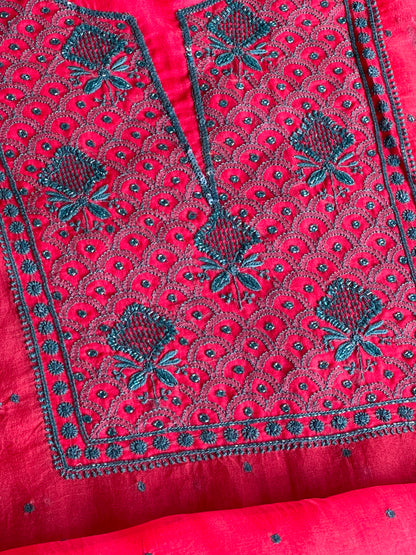 Watermelon Red Shade Noor Organza Silk Chikankari Unstitched Kurta Dupatta Set