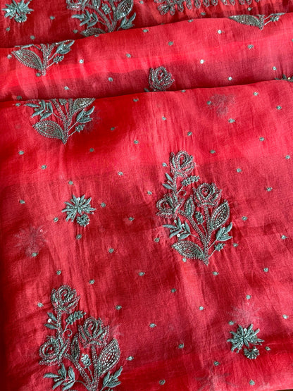 Watermelon Red Shade Noor Organza Silk Chikankari Unstitched Kurta Dupatta Set