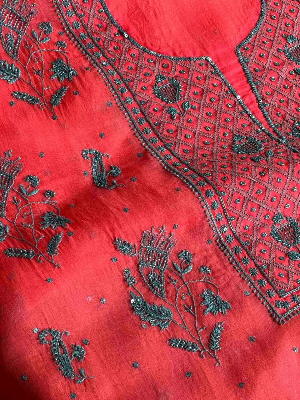Watermelon Red Shade Noor Organza Silk Chikankari Unstitched Kurta Dupatta Set