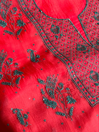 Watermelon Red Shade Noor Organza Silk Chikankari Unstitched Kurta Dupatta Set