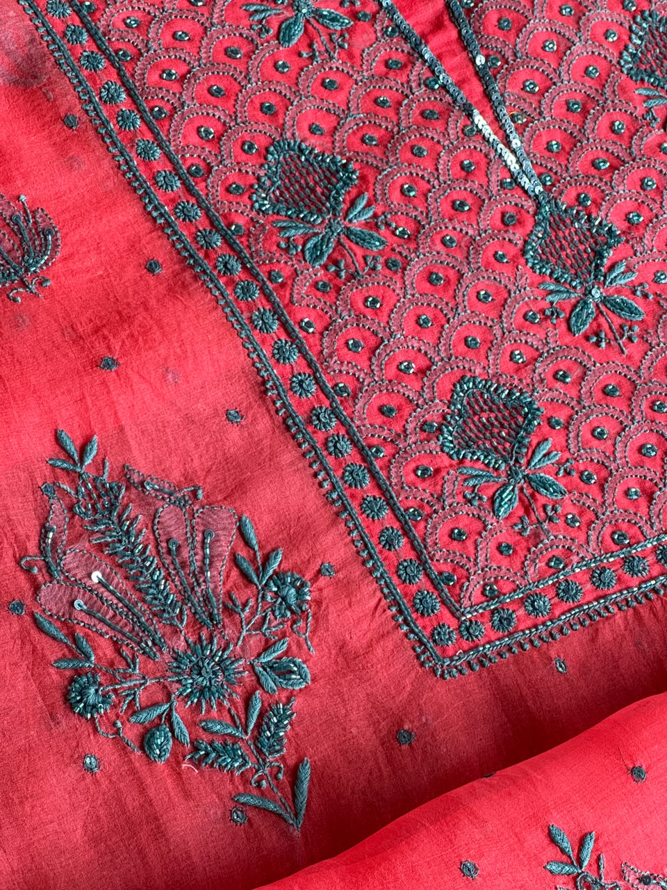 Watermelon Red Shade Noor Organza Silk Chikankari Unstitched Kurta Dupatta Set