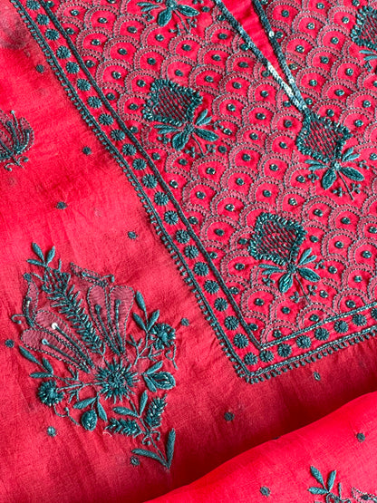 Watermelon Red Shade Noor Organza Silk Chikankari Unstitched Kurta Dupatta Set
