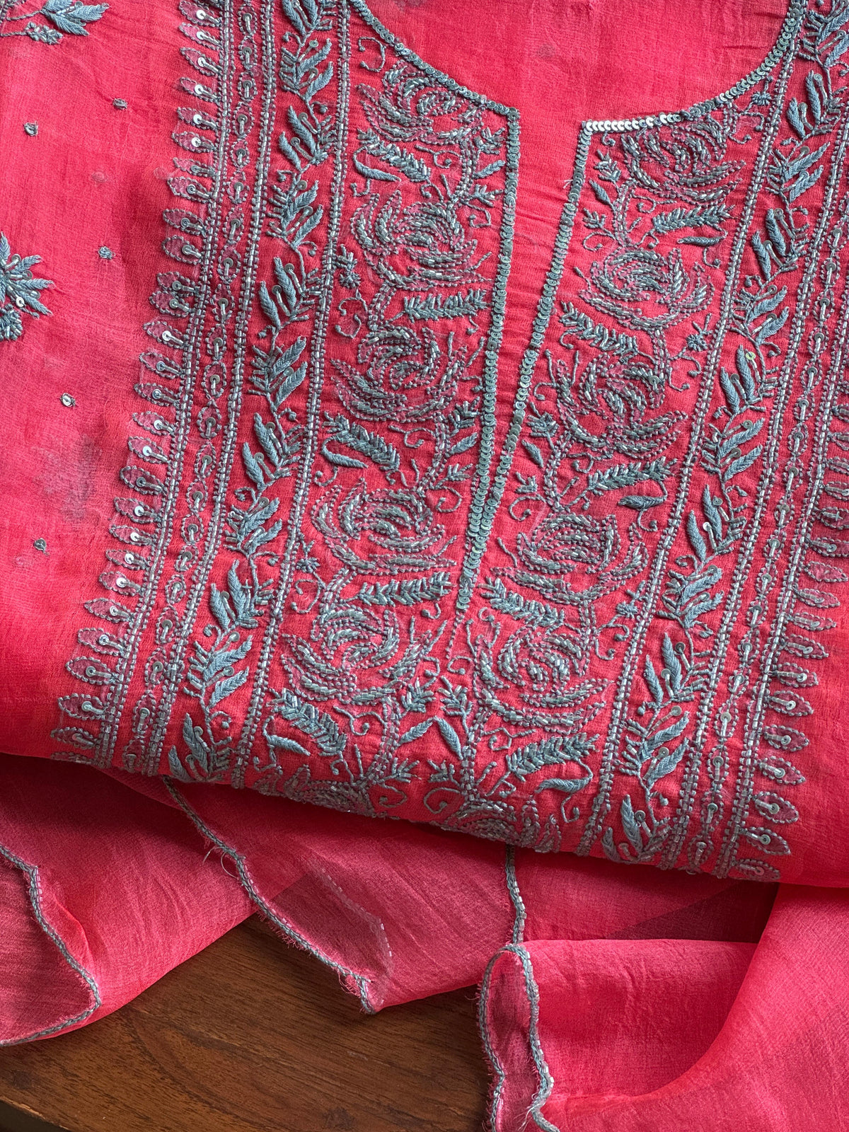 Watermelon Red Shade Noor Organza Silk Chikankari Unstitched Kurta Dupatta Set