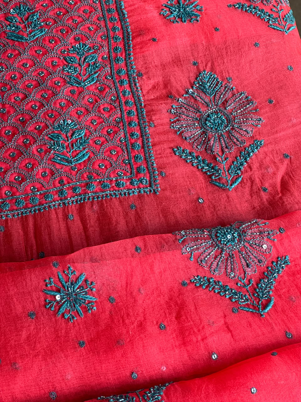 Watermelon Red Shade Noor Organza Silk Chikankari Unstitched Kurta Dupatta Set