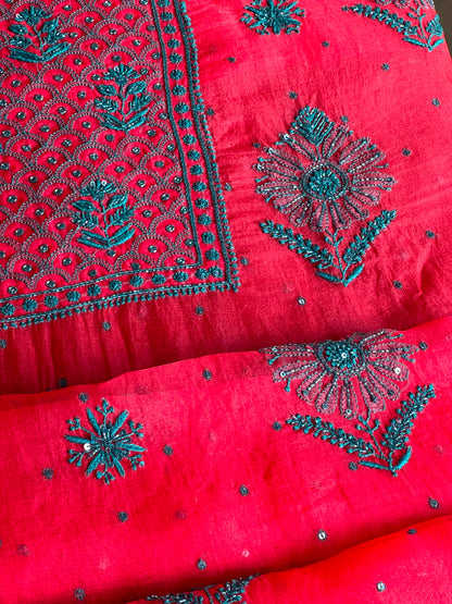Watermelon Red Shade Noor Organza Silk Chikankari Unstitched Kurta Dupatta Set
