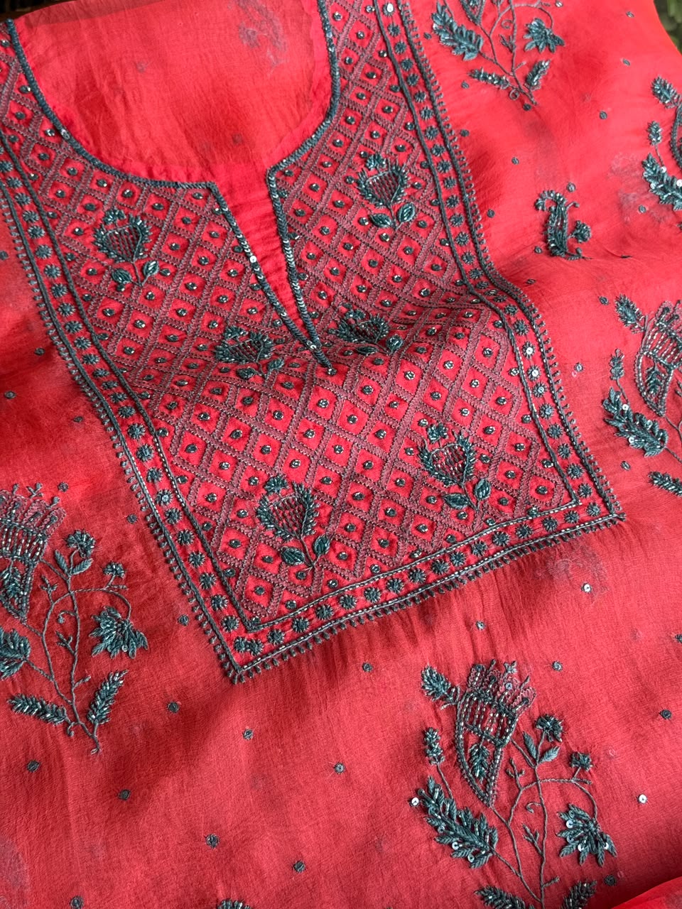 Watermelon Red Shade Noor Organza Silk Chikankari Unstitched Kurta Dupatta Set