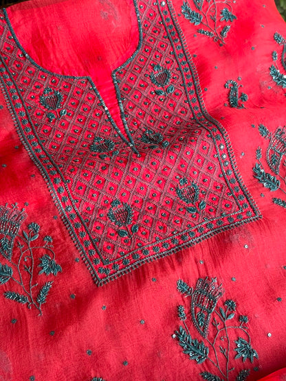 Watermelon Red Shade Noor Organza Silk Chikankari Unstitched Kurta Dupatta Set