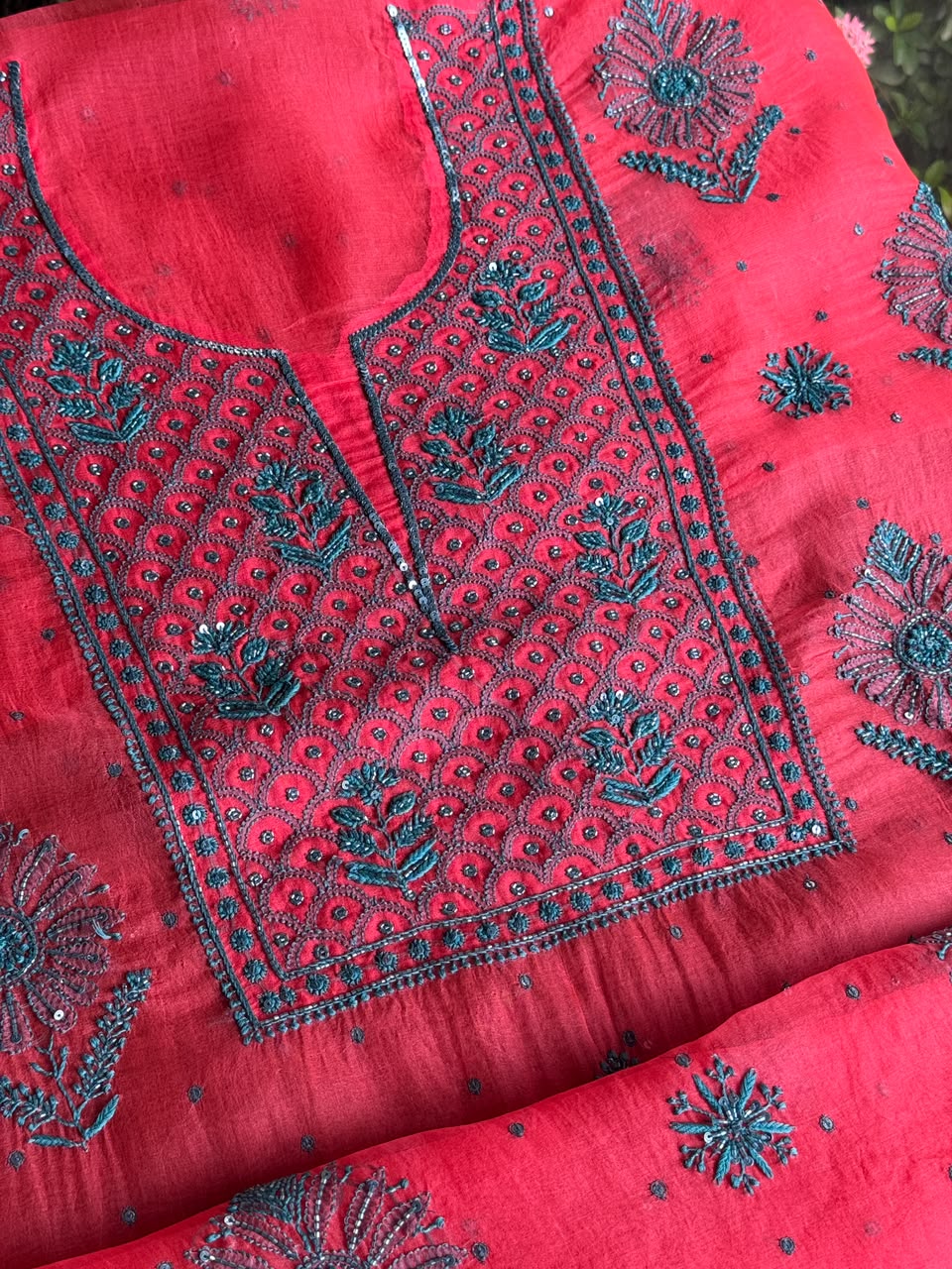 Watermelon Red Shade Noor Organza Silk Chikankari Unstitched Kurta Dupatta Set